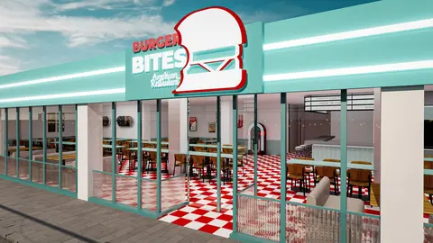 Imagen render del restaurante tem&aacute;tico americano 'Burger Bites'.