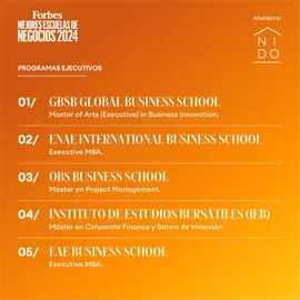 Ranking de las mejores escuelas de negocio de Forbes, que sit&uacute;a en la segunda posici&oacute;n a ENAE.