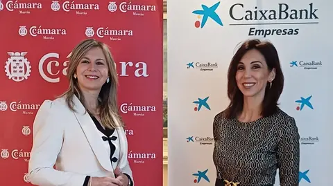 La directora territorial de CaixaBank en la Comunidad Valenciana y la Regi&oacute;n de Murcia, Olga Garc&iacute;a, y la presidenta de la C&aacute;mara de Comercio de Murcia, Miriam Fuertes. (CaixaBank)