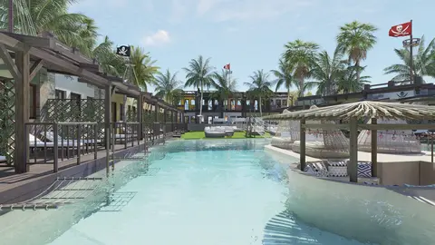 Imagen render de una de las zonas acu&aacute;ticas del resort, Battleship Lagoon. (Magic World)