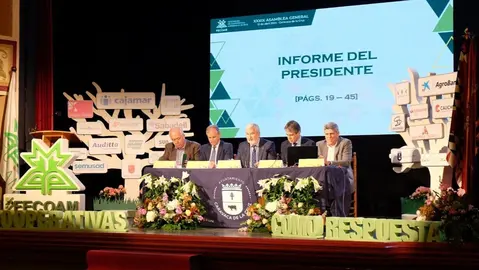 Intervenci&oacute;n del presidente de Fecoam, Santiago Mart&iacute;nez, en la asamblea de Fecoam de 2024, en Caravaca de la Cruz. (Fecoam)