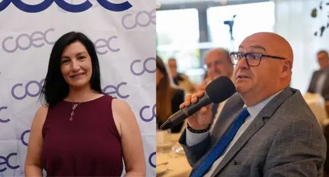 Collage con las fotograf&iacute;as de Rosa Pintos, nueva tesorera de COEC, y Martiniano Astorga, extesorero de COEC y la C&aacute;mara de Comercio de Cartagena durante un Desayuno MD. (COEC/Ra&uacute;l Alc&aacute;ntara)