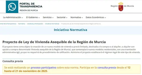Imagen del Portal de la Transparencia con la publicaci&oacute;n de la consulta que da inicio al tr&aacute;mite del proyecto de ley de Vivienda Asequible de la Regi&oacute;n de Murcia. (CARM)