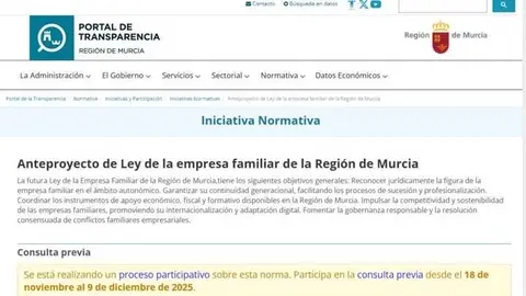 Imagen del Portal de la Transparencia con la publicaci&oacute;n de la consulta que da inicio al tr&aacute;mite del proyecto de Ley de Empresa Familiar de la Regi&oacute;n de Murcia. (CARM)