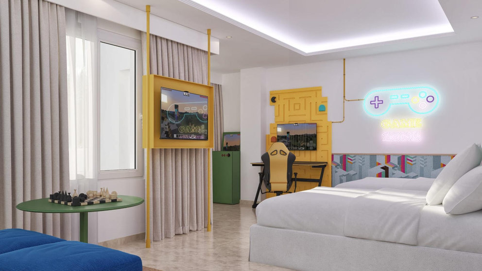 Imagen 'render' de una de las habitaciones del hotel Magic Games, dedicada a los juegos.