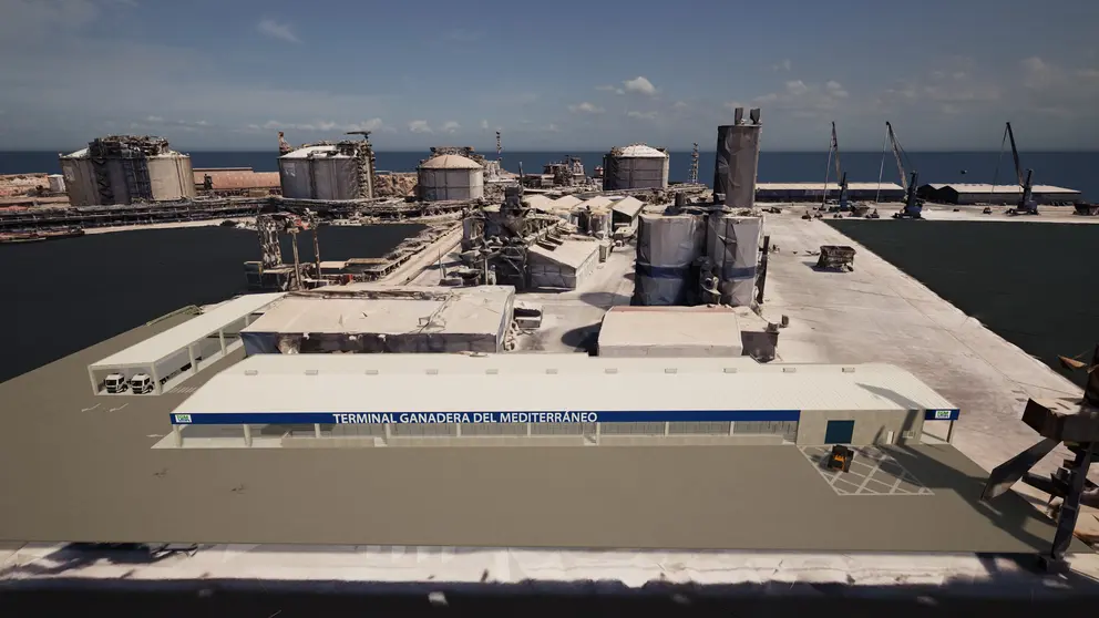 Render del proyecto de la primera terminal de embarque para el tr&aacute;fico de ganado vivo en el muelle Pr&iacute;ncipe Felipe en Escombreras.
