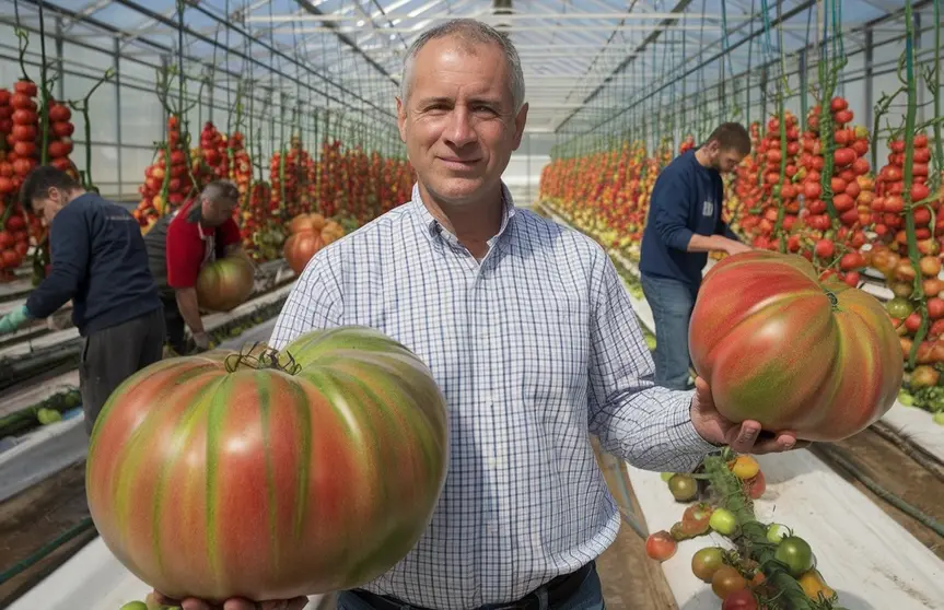 Antonio L&oacute;pez, agricultor de Mazarr&oacute;n, mostrando los tomates gigantes en su finca experimental. (Proexport)
