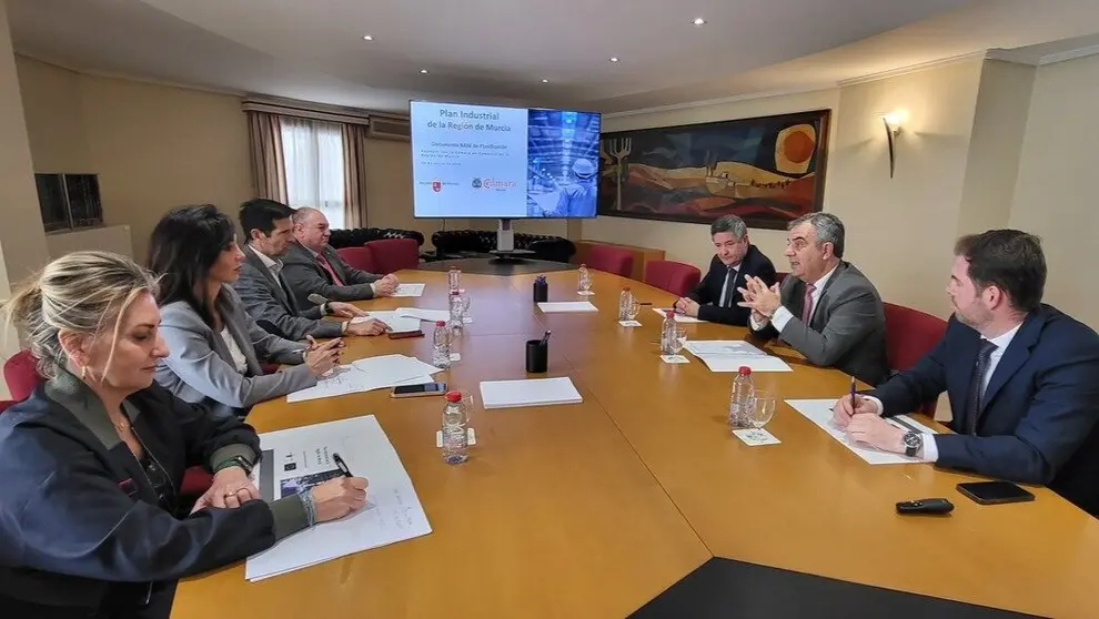 El consejero de Medio Ambiente, Universidades, Investigaci&oacute;n y Mar Menor, Juan Mar&iacute;a V&aacute;zquez, durante la reuni&oacute;n con la presidenta de la C&aacute;mara de Comercio de Murcia, Miryam Fuertes, y miembros de su Comit&eacute; Ejecutivo para abordar el Plan Industrial de la Regi&oacute;n de Murcia. (CARM)