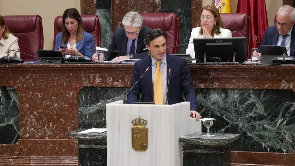 El consejero de Fomento e Infraestructuras, Jorge Garc&iacute;a Montoro, durante su intervenci&oacute;n en la Asamblea Regional para hablar del &eacute;xito del Aval Joven. (CARM)