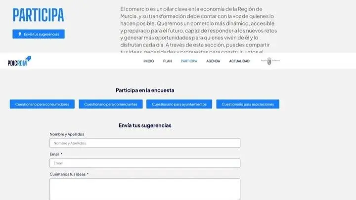 Apartado 'Participa' de la p&aacute;gina web www.plancomerciorm.es. (CARM)