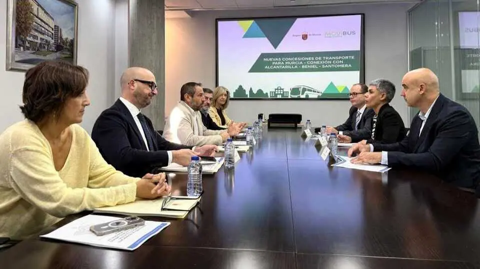 El director general de Movilidad y Transportes, Jos&eacute; Antonio Verd&uacute;, reunido con alcaldes y concejales de Beniel, Murcia, Alcantarilla y Santomera. (CARM)