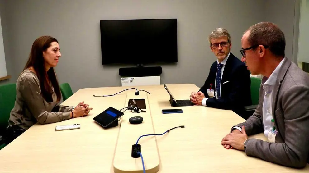El consejero de Transformaci&oacute;n Digital, Luis Alberto Mar&iacute;n, y el director general de Transformaci&oacute;n Digital, Javier Mart&iacute;nez, durante su reuni&oacute;n con la directora Mundial de Estrategia de Investigaci&oacute;n en IA de Google, Pilar Manch&oacute;n. (CARM)