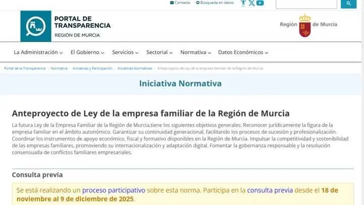 Imagen del Portal de la Transparencia con la publicaci&oacute;n de la consulta que da inicio al tr&aacute;mite del proyecto de Ley de Empresa Familiar de la Regi&oacute;n de Murcia. (CARM)