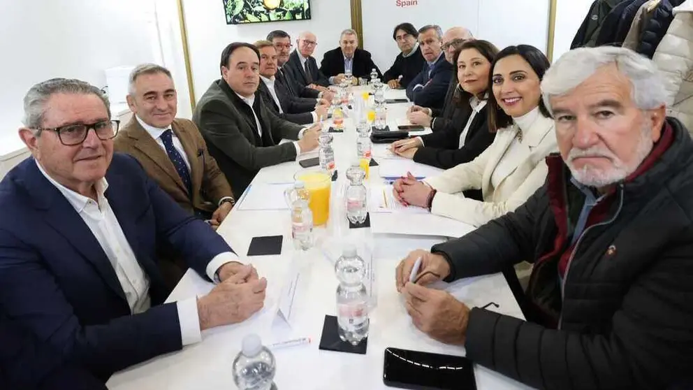 Reuni&oacute;n de la consejera de Agricultura, Sara Rubira, el presidente de la Generalitat Valenciana, Juanfran P&eacute;rez, el secretario general de Agricultura, Ganader&iacute;a y Alimentaci&oacute;n de la Junta de Andaluc&iacute;a, Manuel G&oacute;mez, y representantes del sector agrario de las tres comunidades aut&oacute;nomas.&nbsp;(CARM)