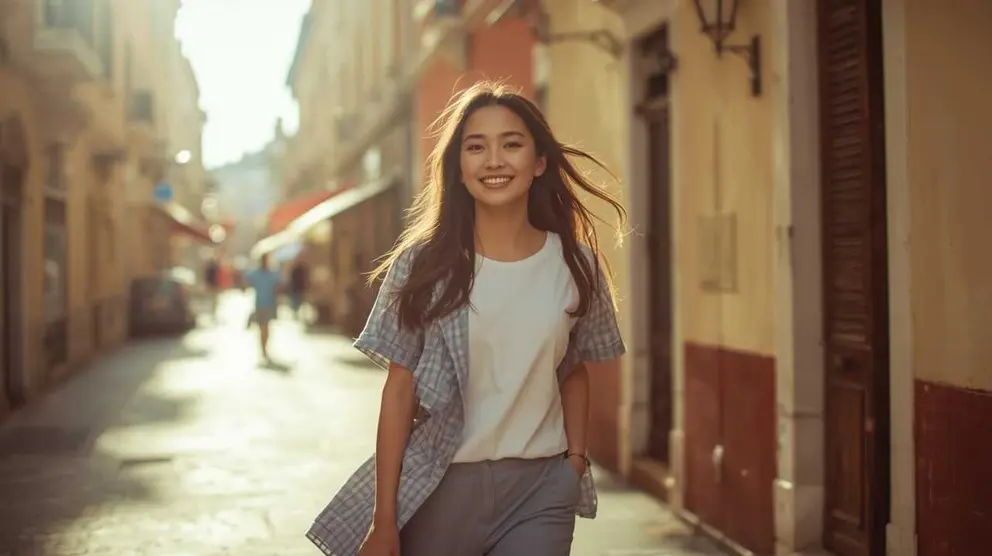 Persona caminando por una ciudad espa&ntilde;ola con sensaci&oacute;n de bienestar, representando un enfoque moderno y sostenible de nutrici&oacute;n