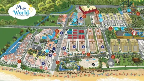 Plano de &lsquo;Magic World&rsquo;, con los diferentes servicios y paradas del tren 'Magic Express'.