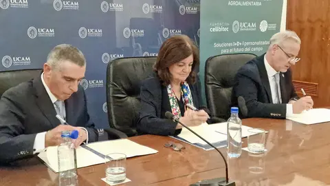 Mar&iacute;a Dolores Garc&iacute;a, presidenta de la UCAM; Adolfo Garc&iacute;a, presidente de Fundaci&oacute;n Ingenio, y Francisco Jos&eacute; Berm&uacute;dez, fundador de Beyond Seeds, en la firma del acuerdo de creaci&oacute;n de AINNOA.