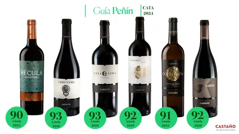 Imagen de los vinos de Bodegas Casta&ntilde;o que han obtenido la calificaci&oacute;n de &ldquo;excelentes&rdquo; en la Gu&iacute;a Pe&ntilde;&iacute;n 2024.