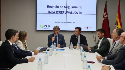 Imagen de archivo de los consejeros de Hacienda y de Fomento durante la reunion con los representantes de siete entidades financieras para realizar un seguimiento de la L&iacute;nea Icref Aval Joven. (CARM)