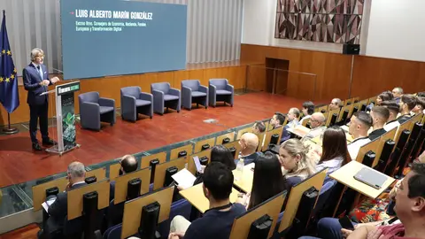 El consejero de Econom&iacute;a y Transformaci&oacute;n Digital, Luis Alberto Mar&iacute;n, durante su intervenci&oacute;n en la jornada &lsquo;Futuro Digital Sostenible&rsquo;, organizada por ISACA y celebrada en Murcia.