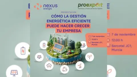 Cartel de la jornada 'C&oacute;mo la gesti&oacute;n energ&eacute;tica eficiente puede hacer crecer tu empresa' de Nexus Energ&iacute;a y Proexport.