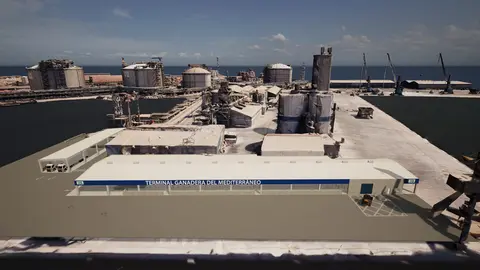 Render del proyecto de la primera terminal de embarque para el tr&aacute;fico de ganado vivo en el muelle Pr&iacute;ncipe Felipe en Escombreras.