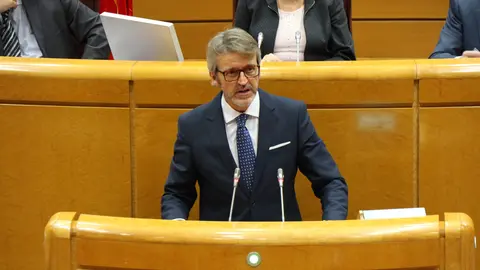 Un momento de la intervenci&oacute;n en el Senado del consejero de Econom&iacute;a, Luis Alberto Mar&iacute;n. (CARM)