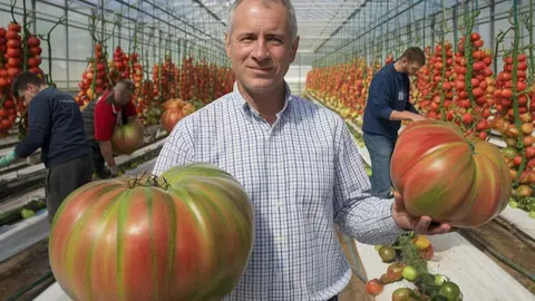 Antonio L&oacute;pez, agricultor de Mazarr&oacute;n, mostrando los tomates gigantes en su finca experimental. (Proexport)