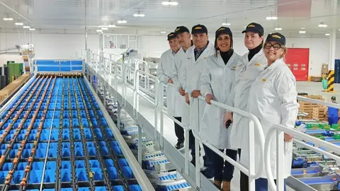 La consejera de Agricultura, Sara Rubira, junto a los directivos de la SAT Perich&aacute;n en la nueva calibradora para el procesado de producto que han instalado. (CARM)
