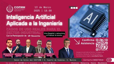 Cartel de la jornada pr&aacute;ctica sobre la IA aplicada a la ingenier&iacute;a en las pymes murcianas del COITIRM. (Fidedigno)