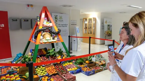 La pir&aacute;mide de alimentaci&oacute;n saludable con productos de las cooperativas y asociados de Fecoam, en el hall de entrada del Hospital Virgen de la Arrixaca de Murcia, en la edici&oacute;n del a&ntilde;o pasado. (Fecoam)