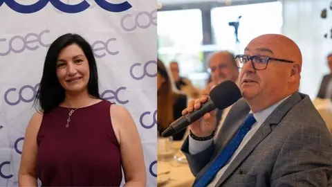 Collage con las fotograf&iacute;as de Rosa Pintos, nueva tesorera de COEC, y Martiniano Astorga, extesorero de COEC y la C&aacute;mara de Comercio de Cartagena durante un Desayuno MD. (COEC/Ra&uacute;l Alc&aacute;ntara)