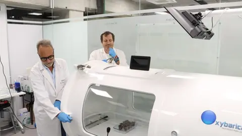Los investigadores Antonio Jos&eacute; P&eacute;rez-L&oacute;pez y Jos&eacute; Ram&oacute;n Acosta-Motos, del grupo de investigaci&oacute;n BioVegA&sup2; de la UCAM, realizando pruebas en la c&aacute;mara hiperb&aacute;rica. (UCAM)