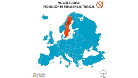 Mapa de Europa con los pa&iacute;ses que prohiben fumar en las terrazas. (Hosteler&iacute;a de Espa&ntilde;a)