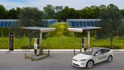 Imagen 'render' de una estaci&oacute;n de carga de veh&iacute;culos el&eacute;ctricos conectada directamente a una planta fotovoltaica de Eranovum. (Eranovum/Web)