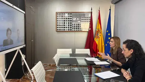 La consejera de Empresa, Empleo y Econom&iacute;a Social, Marisa L&oacute;pez Arag&oacute;n, junto con la secretaria general de la Consejer&iacute;a, Ana Losantos, durante el encuentro telem&aacute;tico. (CARM)
