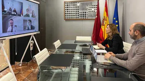 La consejera de Empresa, Marisa L&oacute;pez, junto Al director del Info, Joaqu&iacute;n G&oacute;mez, durante el encuentro con el Cetem y el ayuntamiento de Yecla. (CARM)