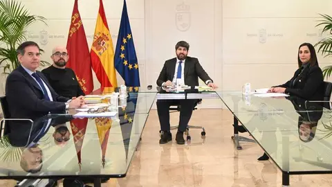 El jefe del Ejecutivo regional, Fernando L&oacute;pez Miras, reunido con el nuevo presidente de Ailimpo, Joaqu&iacute;n Rubio (segundo por la izquierda). (CARM)