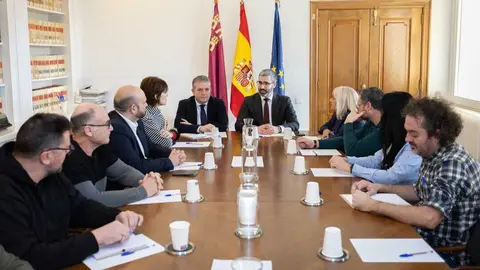 Imagen de la reuni&oacute;n con el Comisionado Especial para la Reindustrializaci&oacute;n del Ministerio de Industria y Turismo, las secretarias generales de UGT y CCOO en la Regi&oacute;n de Murcia y representantes de las empresas auxiliares. (Gob)