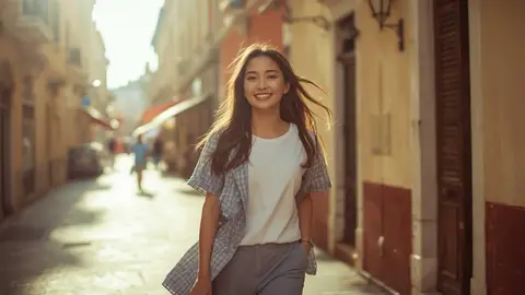 Persona caminando por una ciudad espa&ntilde;ola con sensaci&oacute;n de bienestar, representando un enfoque moderno y sostenible de nutrici&oacute;n
