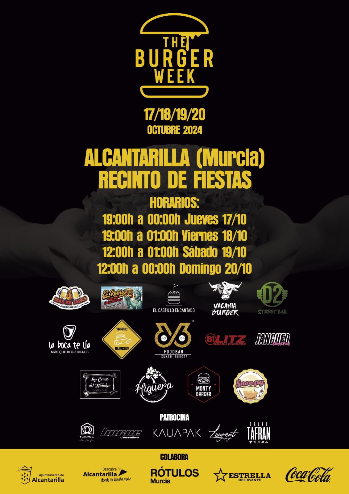 Cartel completo con horarios y stands de The Burger Week.