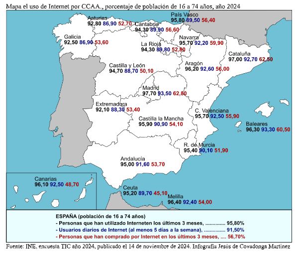 Mapa el uso de Internet por CCAA., porcentaje de población de 16 a 74 años, año 2024.