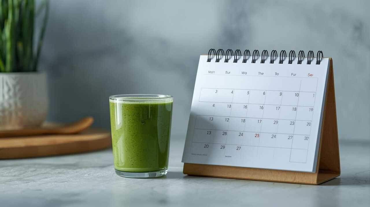Elementos típicos de dietas exprés como batidos detox y calendarios de retos, asociados a resultados poco sostenibles