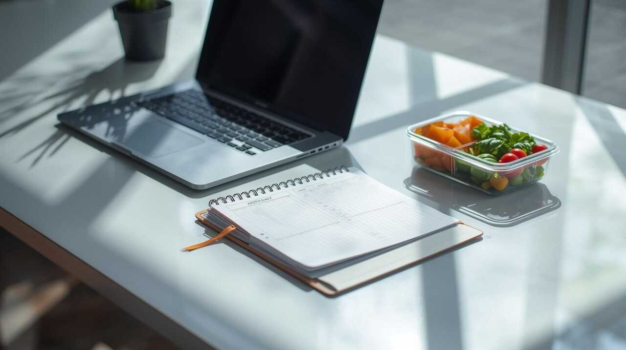 Persona con agenda y portátil preparando comida sencilla, representando un enfoque nutricional adaptable a horarios exigentes